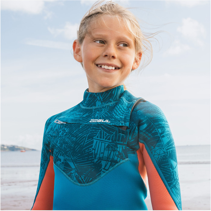 2024 Gul Junior Response Echo 3/2mm Chest Zip Neopreno RE1329/C2 - Teal / Coral